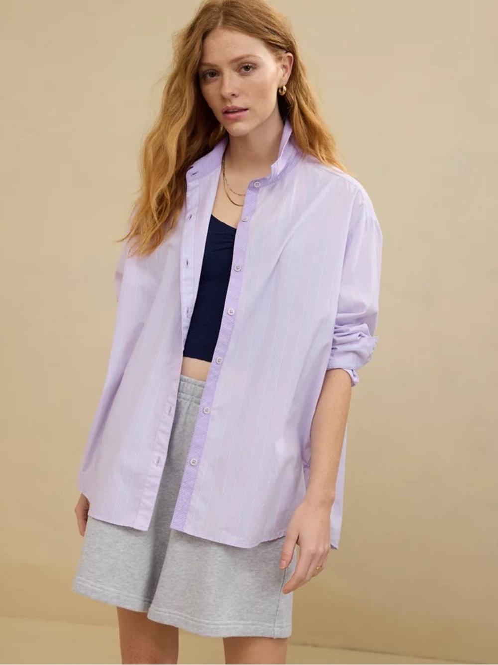 Aerie NWT Oversized Good Day Striped Button Down Shirt Purple Women Size M